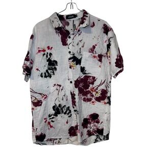 Jogal Men's Shirt Short Sleeve Hawaiian Button Up Floral‎ Print White Medium